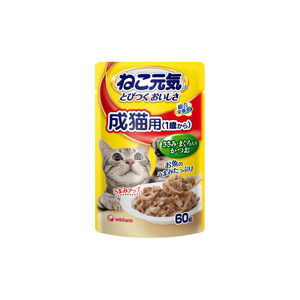 ねこ元気　総合栄養食パウチ成猫用(1歳から)ささみ･まぐろ入りかつお60g
