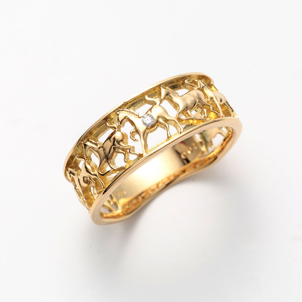 K18YG ダイヤ 馬九行久(うまくいく)リング 0.01ct