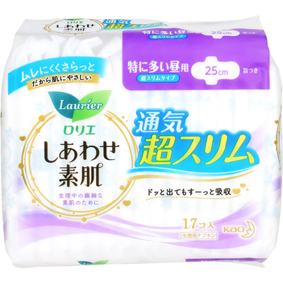 花王　ロリエ　しあわせ素肌　通気超スリム　特に多い昼用　25cm　羽つき　17個入