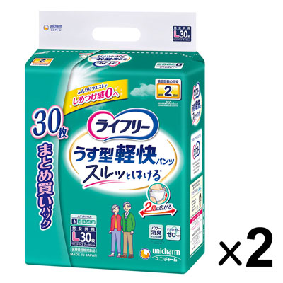ユニ・チャーム　ライフリー　パンツタイプ　うす型軽快パンツ　2回吸収　Lサイズ　30枚×2パック