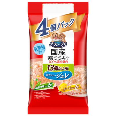 グラン・デリ　国産鶏ささみパウチジュレ１３歳以上用４個パック緑黄色野菜・チーズ８０ｇ×４個