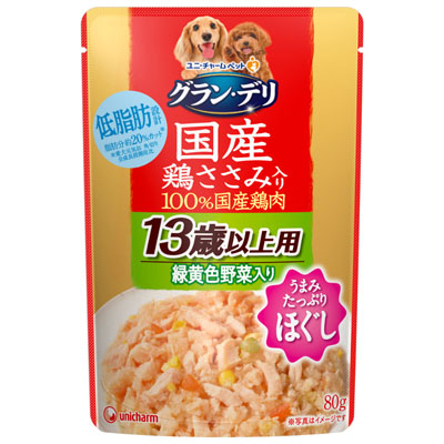 グラン・デリ　国産鶏ささみ　パウチほぐし　13歳以上用緑黄色野菜入り80g